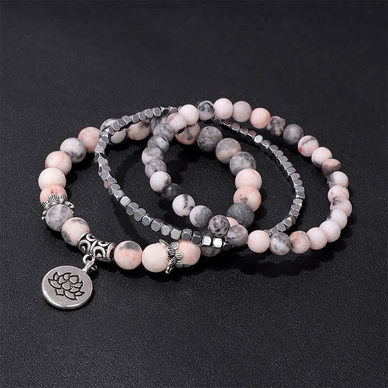 Buddha Stones Bracelet de perles en jaspe zébré 3 pièces, symbole d'illumination et de lotus - image 2