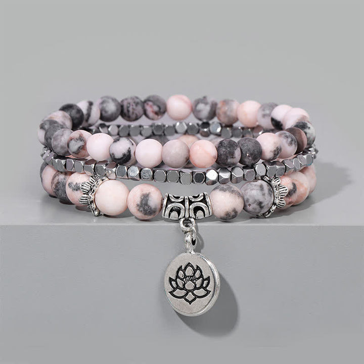 Buddha Stones Bracelet de perles en jaspe zébré 3 pièces, symbole d'illumination et de lotus - image 3