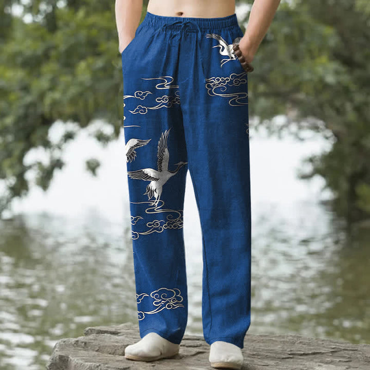 Buddha Stones Pantalon fuselé pour homme en coton blanc à motif de vagues et grues, avec poches - Bleu royal - US/UK/AU50，EU60 (5XL) - image 0