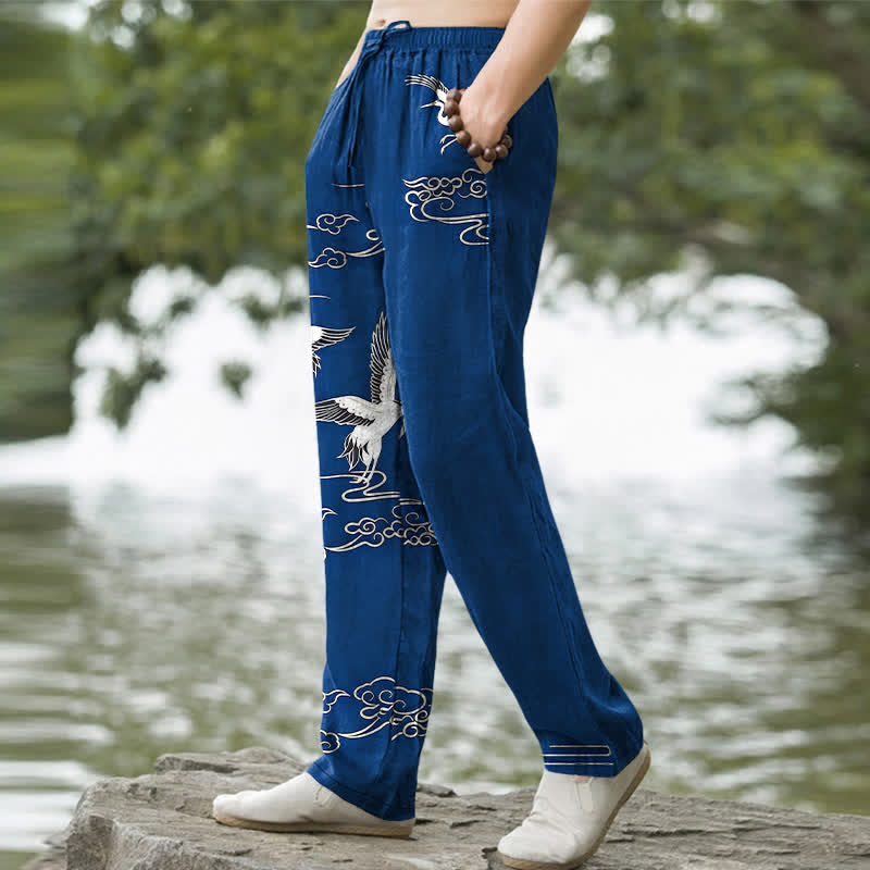 Buddha Stones Pantalon fuselé pour homme en coton blanc à motif de vagues et grues, avec poches - image 1