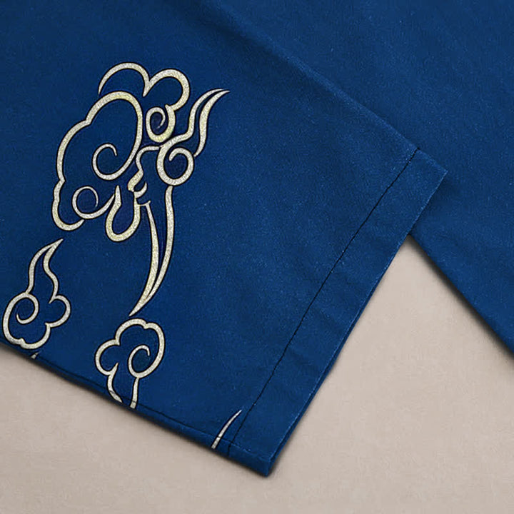 Buddha Stones Pantalon fuselé pour homme en coton blanc à motif de vagues et grues, avec poches - image 3