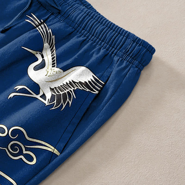 Buddha Stones Pantalon fuselé pour homme en coton blanc à motif de vagues et grues, avec poches - image 2