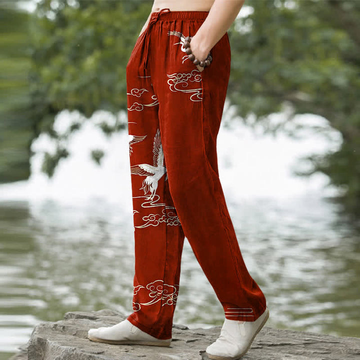 Buddha Stones Pantalon fuselé pour homme en coton blanc à motif de vagues et grues, avec poches - image 5