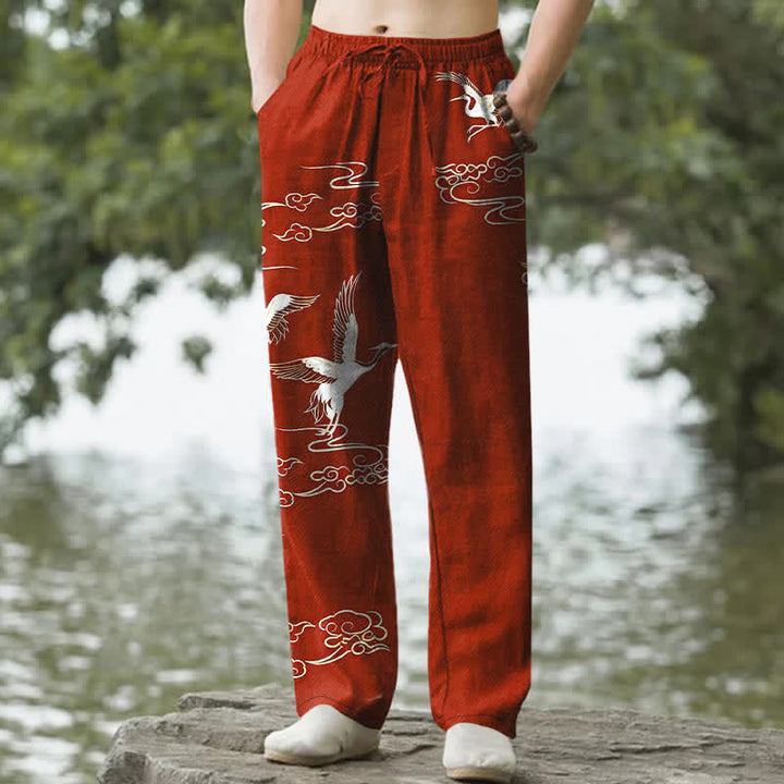Buddha Stones Pantalon fuselé pour homme en coton blanc à motif de vagues et grues, avec poches - Rouge foncé - US/UK/AU50，EU60 (5XL) - image 4