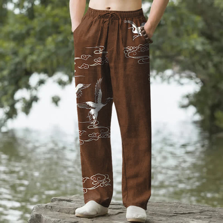 Buddha Stones Pantalon fuselé pour homme en coton blanc à motif de vagues et grues, avec poches - SaddleBrown - US/UK/AU50，EU60 (5XL) - image 6