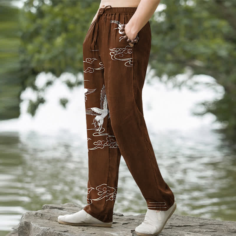 Buddha Stones Pantalon fuselé pour homme en coton blanc à motif de vagues et grues, avec poches - image 7