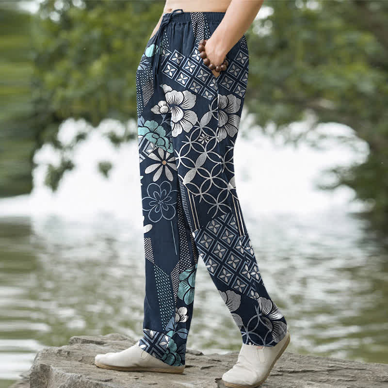 Buddha Stones Pantalon fuselé pour homme en coton à motif floral et géométrique bohème, avec poches - image 1