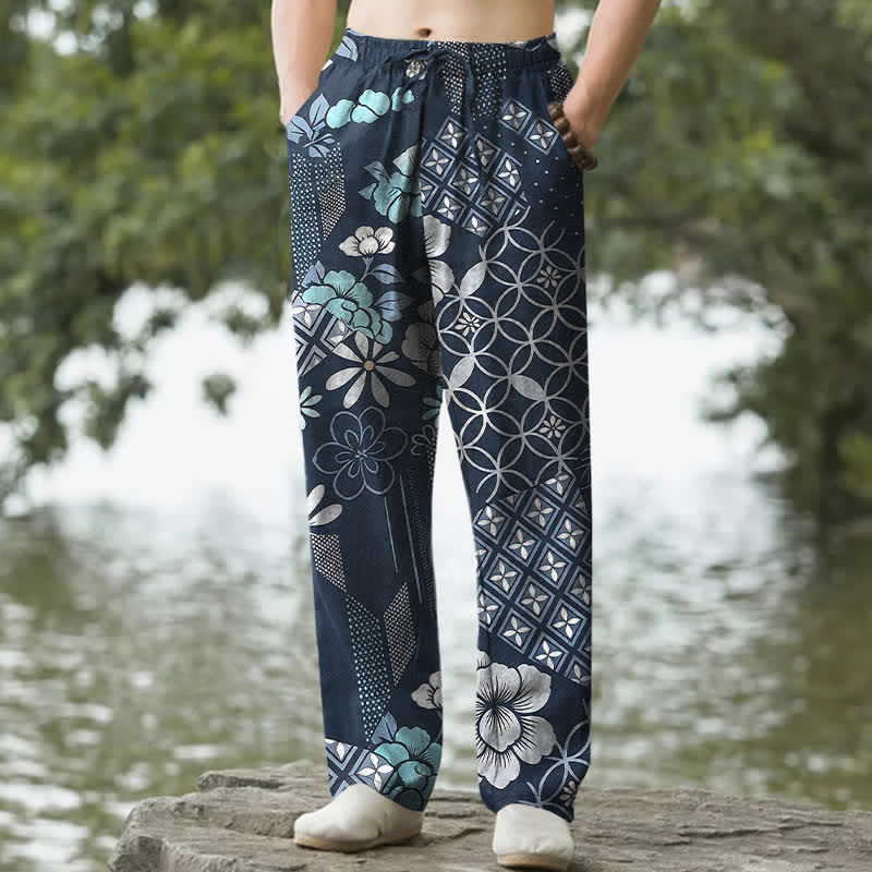 Buddha Stones Pantalon fuselé pour homme en coton à motif floral et géométrique bohème, avec poches - Marine - US/UK/AU50，EU60 (5XL) - image 0