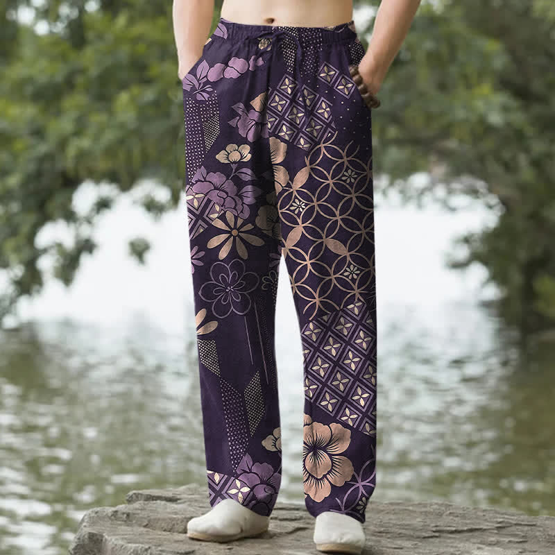 Buddha Stones Pantalon fuselé pour homme en coton à motif floral et géométrique bohème, avec poches - Violet - US/UK/AU50，EU60 (5XL) - image 4