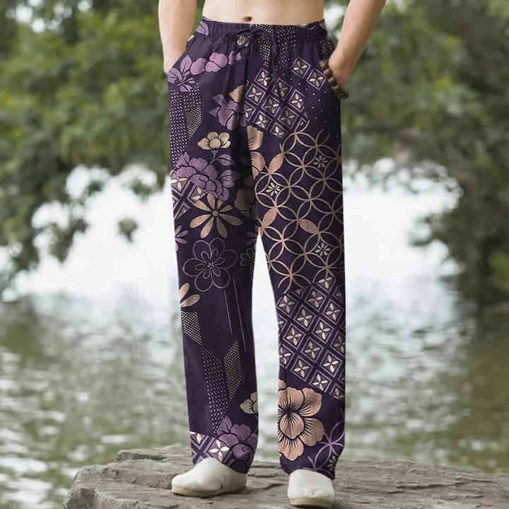Buddha Stones Pantalon fuselé pour homme en coton à motif floral et géométrique bohème, avec poches - Violet - US/UK/AU50，EU60 (5XL) - image 4