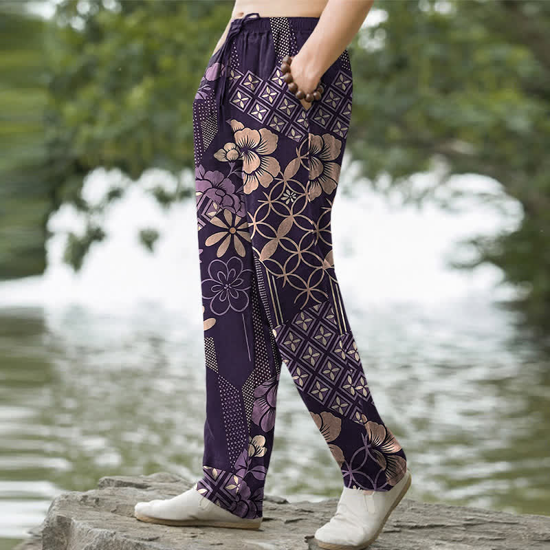 Buddha Stones Pantalon fuselé pour homme en coton à motif floral et géométrique bohème, avec poches - image 5