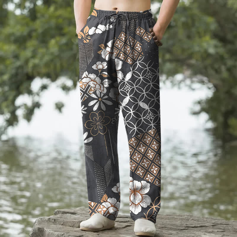 Buddha Stones Pantalon fuselé pour homme en coton à motif floral et géométrique bohème, avec poches - Gris sombre - US/UK/AU50，EU60 (5XL) - image 6