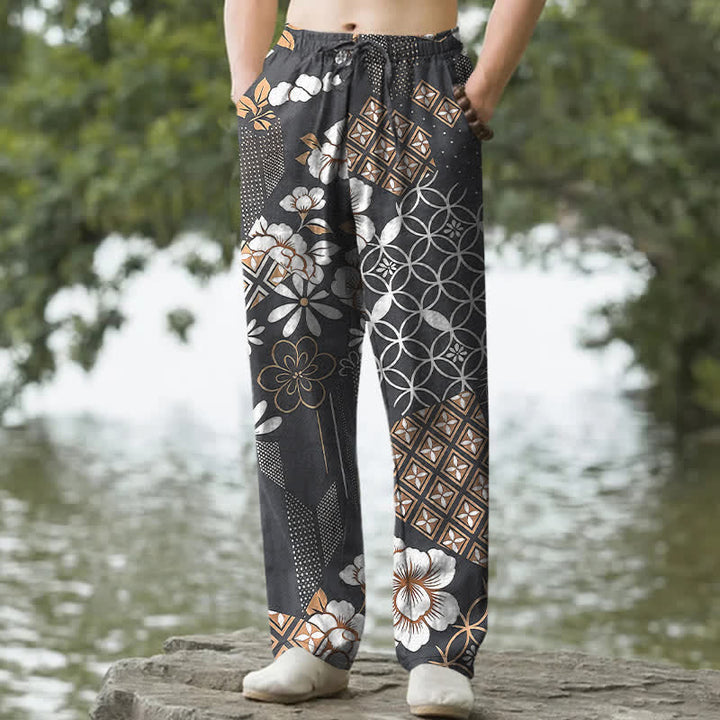 Buddha Stones Pantalon fuselé pour homme en coton à motif floral et géométrique bohème, avec poches - Gris sombre - US/UK/AU50，EU60 (5XL) - image 6