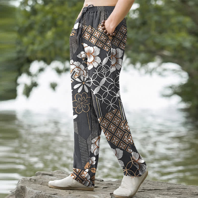 Buddha Stones Pantalon fuselé pour homme en coton à motif floral et géométrique bohème, avec poches - image 7