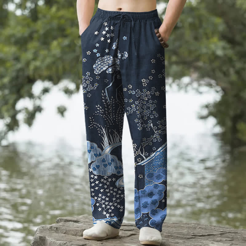 Buddha Stones Pantalon fuselé pour homme en coton blanc à motif floral nuageux et poches - Marine - US/UK/AU50，EU60 (5XL) - image 0