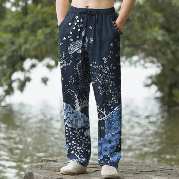 Buddha Stones Pantalon fuselé pour homme en coton blanc à motif floral nuageux et poches - Marine - US/UK/AU50，EU60 (5XL) - image 0