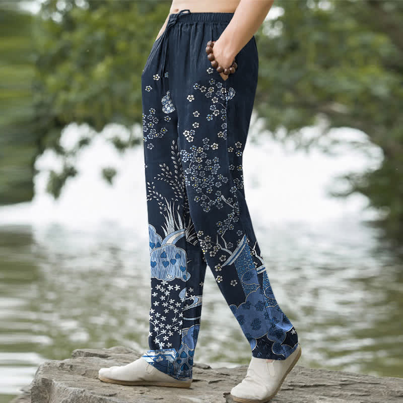 Buddha Stones Pantalon fuselé pour homme en coton blanc à motif floral nuageux et poches - image 1