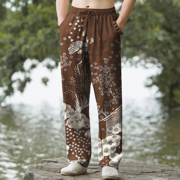 Buddha Stones Pantalon fuselé pour homme en coton blanc à motif floral nuageux et poches - SaddleBrown - US/UK/AU50，EU60 (5XL) - image 4