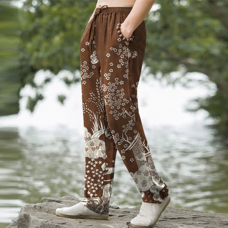 Buddha Stones Pantalon fuselé pour homme en coton blanc à motif floral nuageux et poches - image 5
