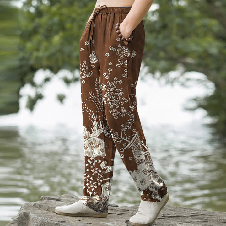 Buddha Stones Pantalon fuselé pour homme en coton blanc à motif floral nuageux et poches - image 5