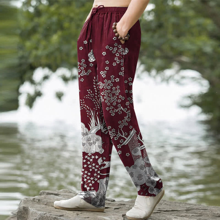 Buddha Stones Pantalon fuselé pour homme en coton blanc à motif floral nuageux et poches - image 7