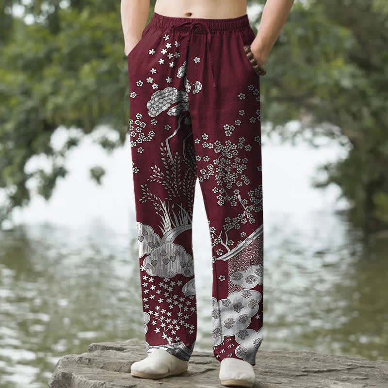 Buddha Stones Pantalon fuselé pour homme en coton blanc à motif floral nuageux et poches - Bordeaux - US/UK/AU50，EU60 (5XL) - image 6