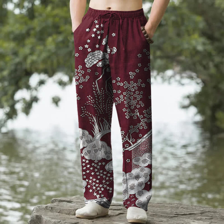 Buddha Stones Pantalon fuselé pour homme en coton blanc à motif floral nuageux et poches - Bordeaux - US/UK/AU50，EU60 (5XL) - image 6