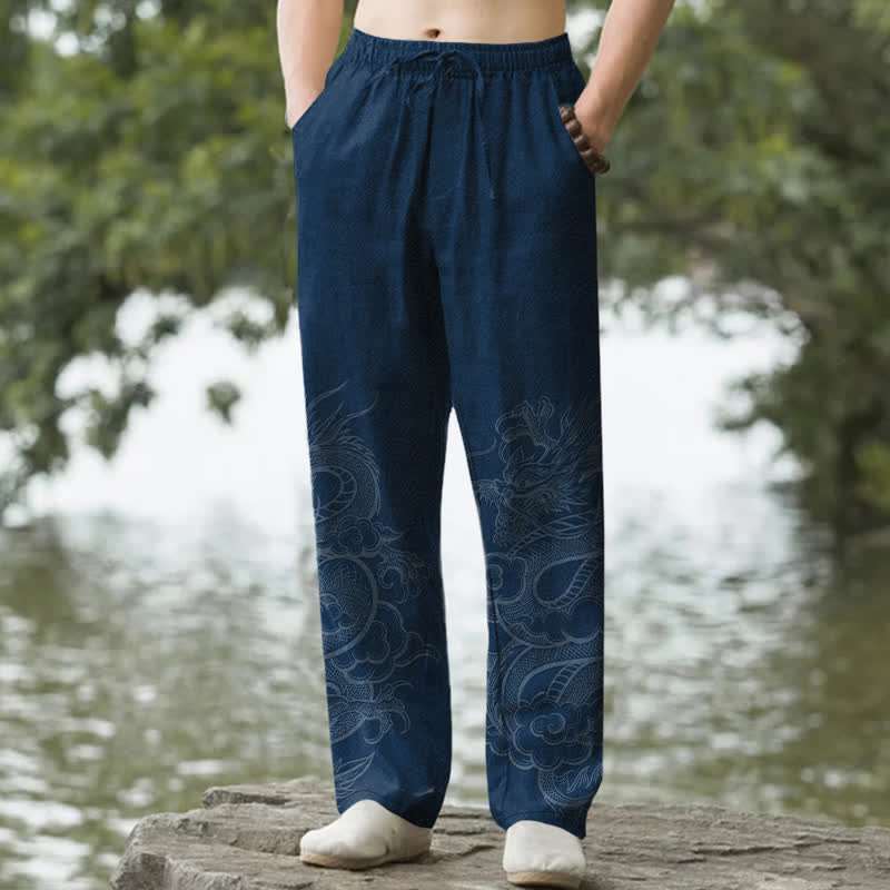 Buddha Stones Pantalon fuselé pour homme en coton à motif dragon discret avec poches - Marine - US/UK/AU50，EU60 (5XL) - image 0