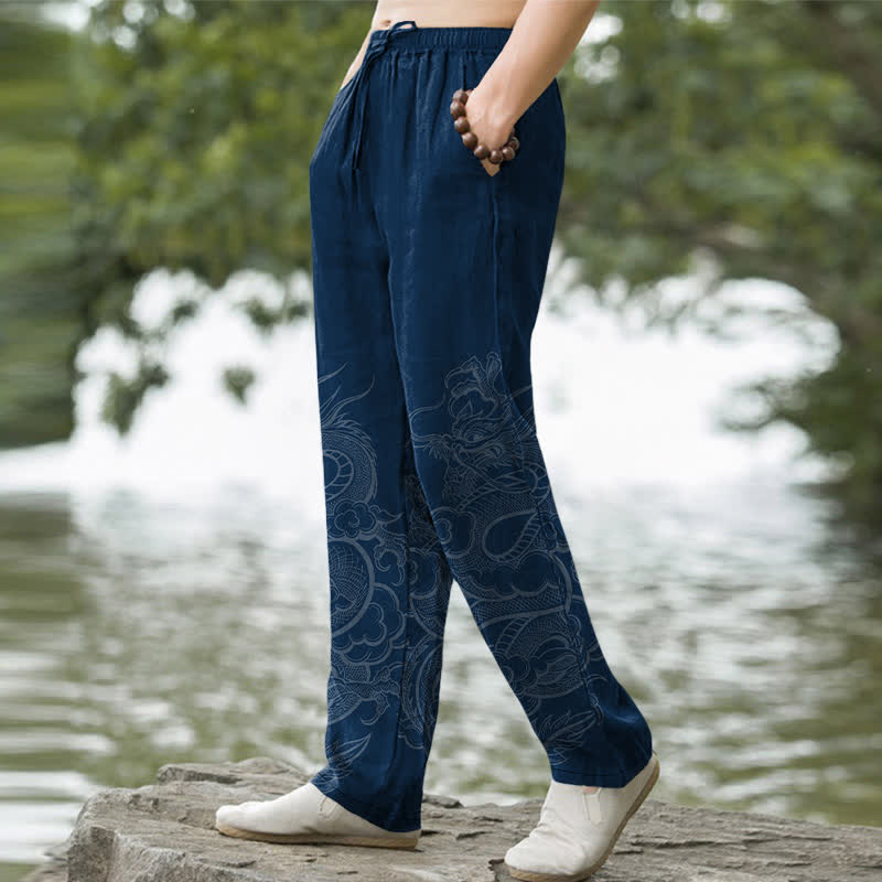 Buddha Stones Pantalon fuselé pour homme en coton à motif dragon discret avec poches - image 1