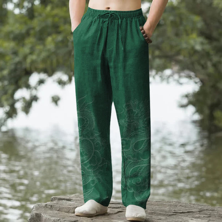 Buddha Stones Pantalon fuselé pour homme en coton à motif dragon discret avec poches - Vert forêt - US/UK/AU50，EU60 (5XL) - image 4