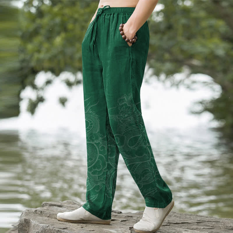 Buddha Stones Pantalon fuselé pour homme en coton à motif dragon discret avec poches - image 5