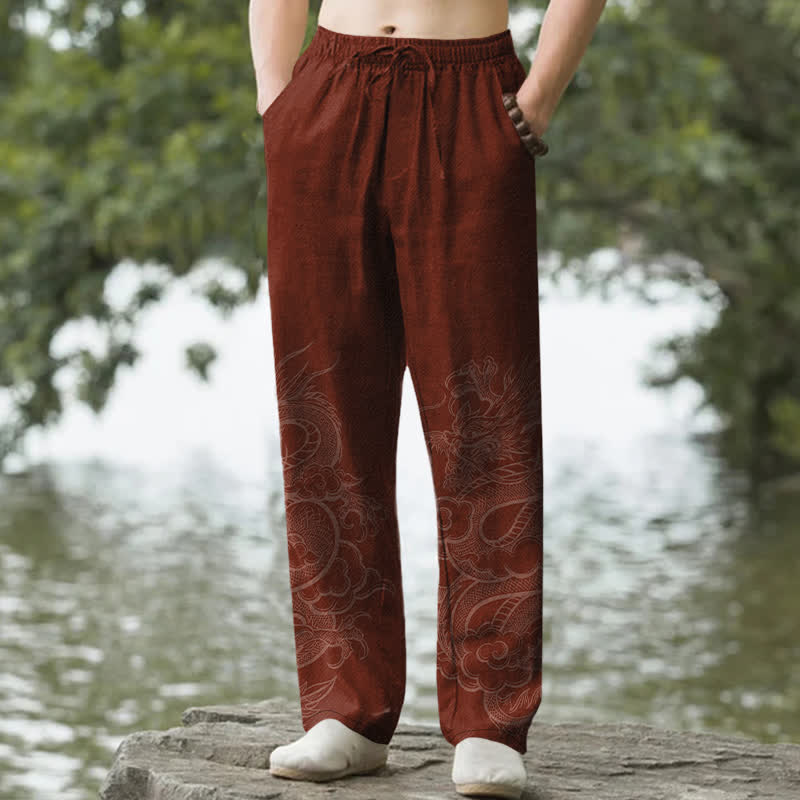 Buddha Stones Pantalon fuselé pour homme en coton à motif dragon discret avec poches - Bordeaux - US/UK/AU50，EU60 (5XL) - image 6