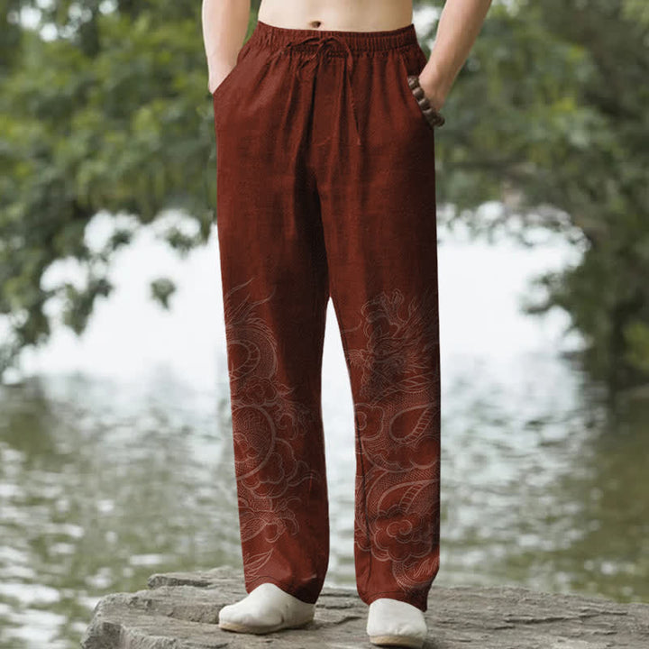 Buddha Stones Pantalon fuselé pour homme en coton à motif dragon discret avec poches - Bordeaux - US/UK/AU50，EU60 (5XL) - image 6