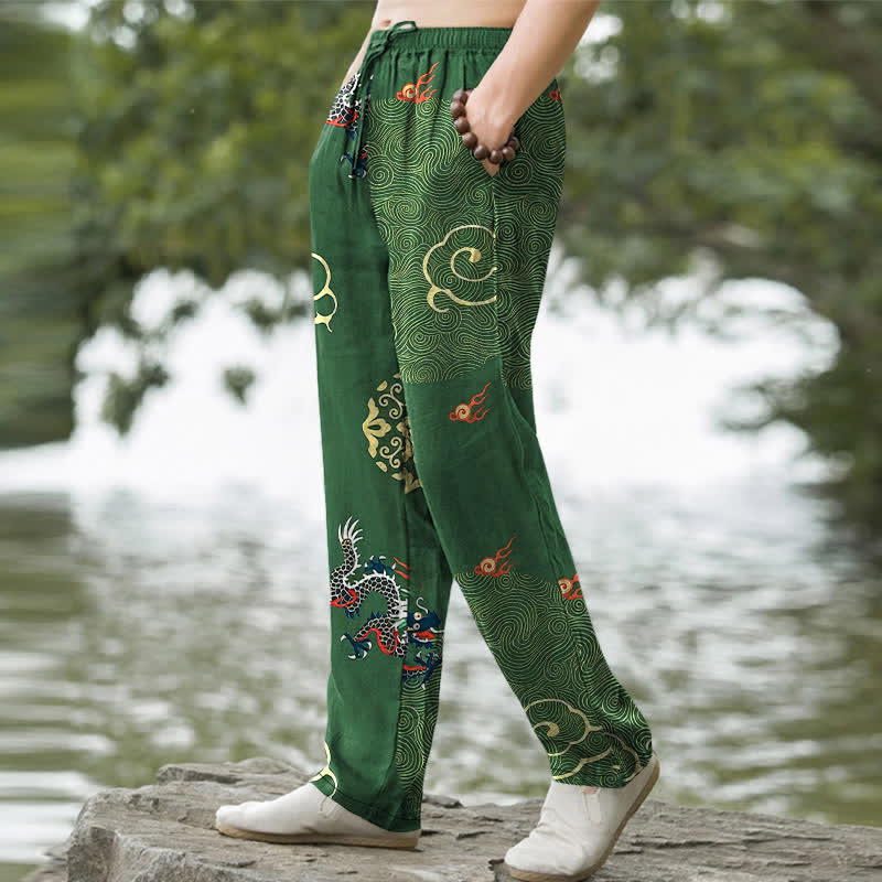 Buddha Stones Pantalon fuselé pour homme en coton à motif de dragon nuageux porte-bonheur, avec poches - image 1