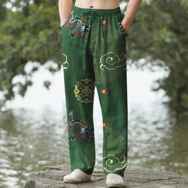 Buddha Stones Pantalon fuselé pour homme en coton à motif de dragon nuageux porte-bonheur, avec poches - Vert forêt - US/UK/AU50，EU60 (5XL) - image 0