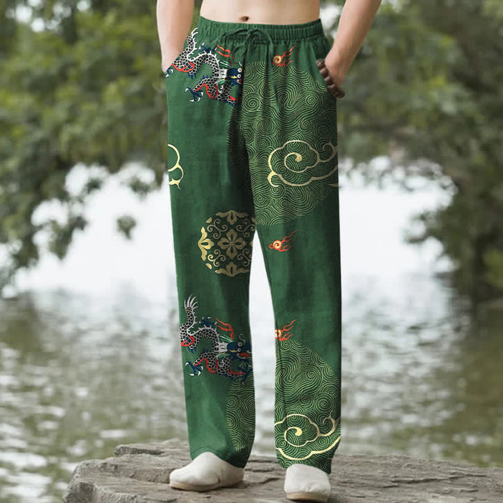 Buddha Stones Pantalon fuselé pour homme en coton à motif de dragon nuageux porte-bonheur, avec poches - Vert forêt - US/UK/AU50，EU60 (5XL) - image 0