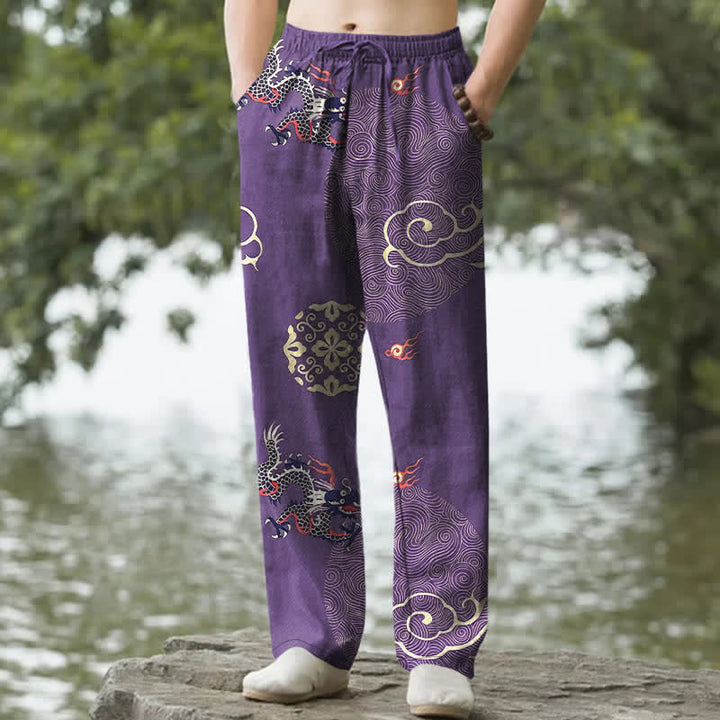 Buddha Stones Pantalon fuselé pour homme en coton à motif de dragon nuageux porte-bonheur, avec poches - Violet - US/UK/AU50，EU60 (5XL) - image 4