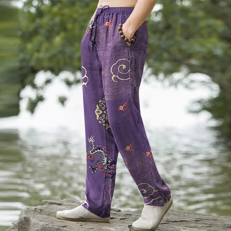 Buddha Stones Pantalon fuselé pour homme en coton à motif de dragon nuageux porte-bonheur, avec poches - image 5