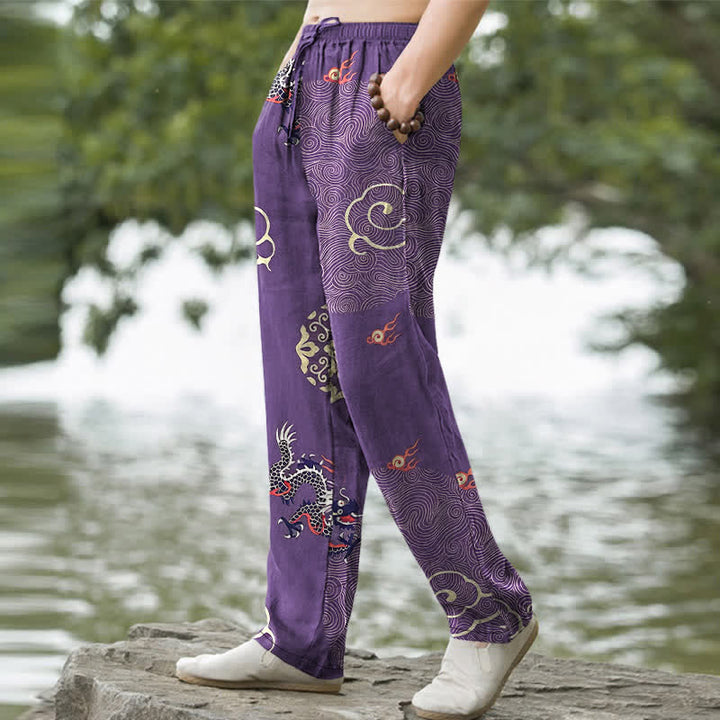 Buddha Stones Pantalon fuselé pour homme en coton à motif de dragon nuageux porte-bonheur, avec poches - image 5