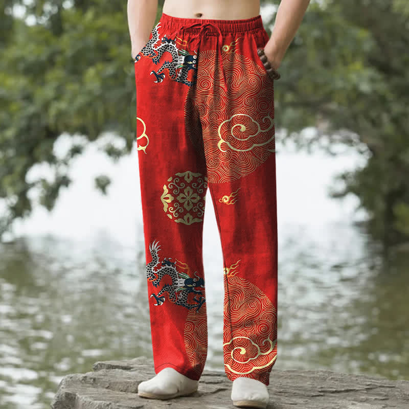 Buddha Stones Pantalon fuselé pour homme en coton à motif de dragon nuageux porte-bonheur, avec poches - Rouge - US/UK/AU50，EU60 (5XL) - image 6