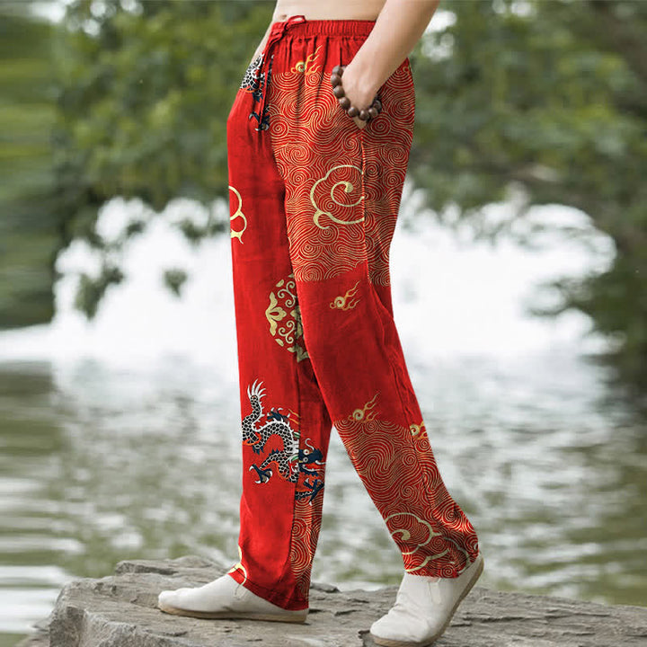 Buddha Stones Pantalon fuselé pour homme en coton à motif de dragon nuageux porte-bonheur, avec poches - image 7
