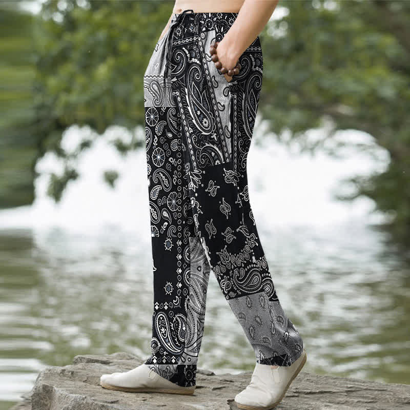 Buddha Stones Pantalon fuselé pour homme en coton à motifs cachemire variés, avec poches - image 1