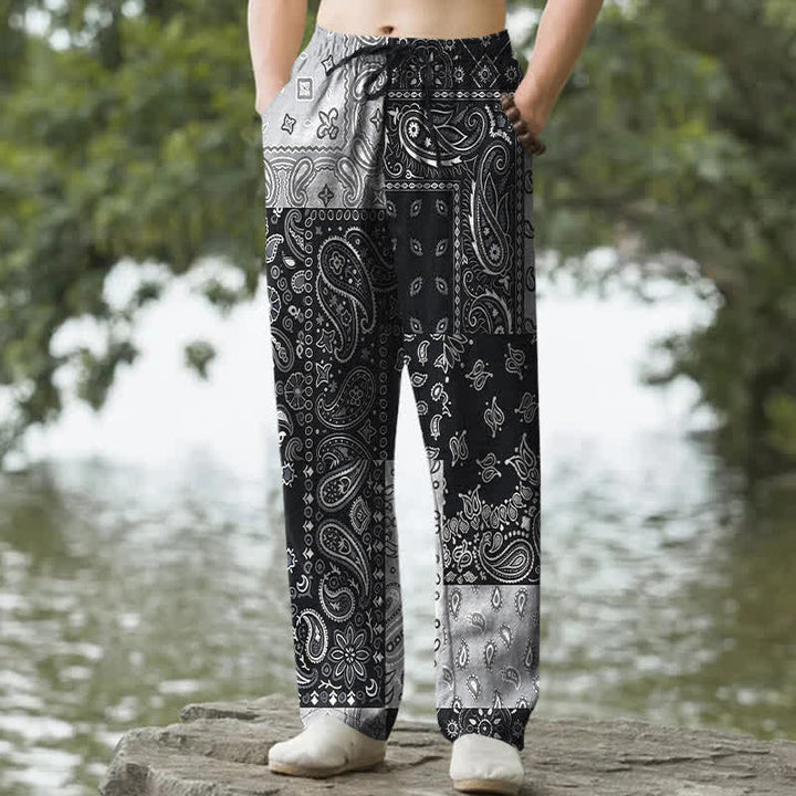 Buddha Stones Pantalon fuselé pour homme en coton à motifs cachemire variés, avec poches - Noir - US/UK/AU50，EU60 (5XL) - image 0