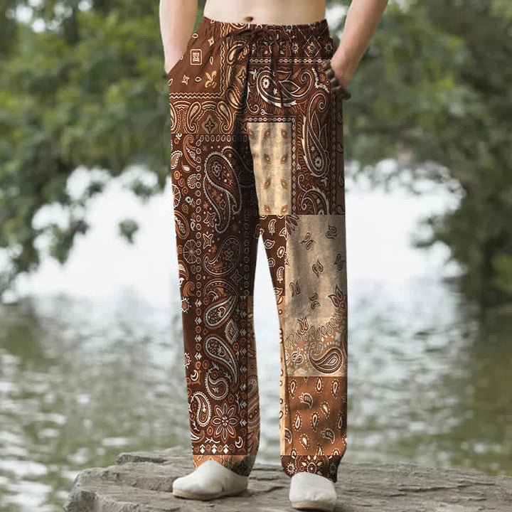 Buddha Stones Pantalon fuselé pour homme en coton à motifs cachemire variés, avec poches - SaddleBrown - US/UK/AU50，EU60 (5XL) - image 6