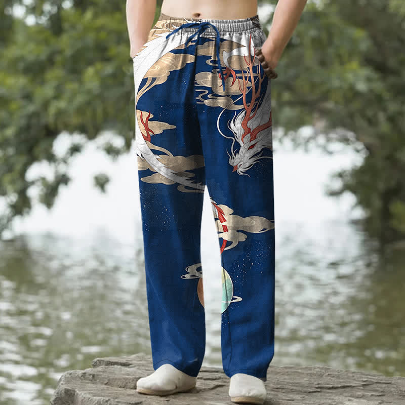 Buddha Stones Pantalon fuselé pour homme en coton blanc à motif nuage de dragon, avec poches - Marine - US/UK/AU50，EU60 (5XL) - image 0