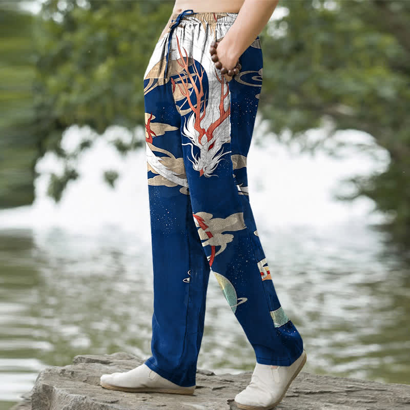 Buddha Stones Pantalon fuselé pour homme en coton blanc à motif nuage de dragon, avec poches - image 1