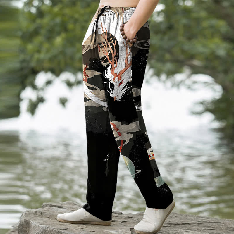 Buddha Stones Pantalon fuselé pour homme en coton blanc à motif nuage de dragon, avec poches - image 5
