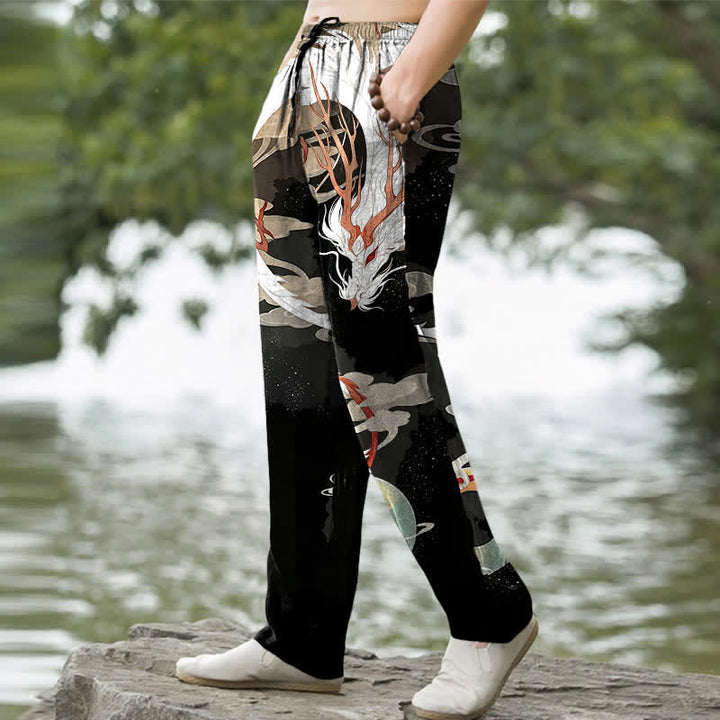 Buddha Stones Pantalon fuselé pour homme en coton blanc à motif nuage de dragon, avec poches - image 5