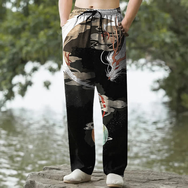 Buddha Stones Pantalon fuselé pour homme en coton blanc à motif nuage de dragon, avec poches - Noir - US/UK/AU50，EU60 (5XL) - image 4