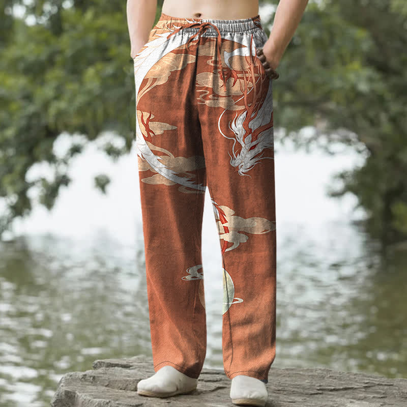 Buddha Stones Pantalon fuselé pour homme en coton blanc à motif nuage de dragon, avec poches - Terre de sienne - US/UK/AU50，EU60 (5XL) - image 6